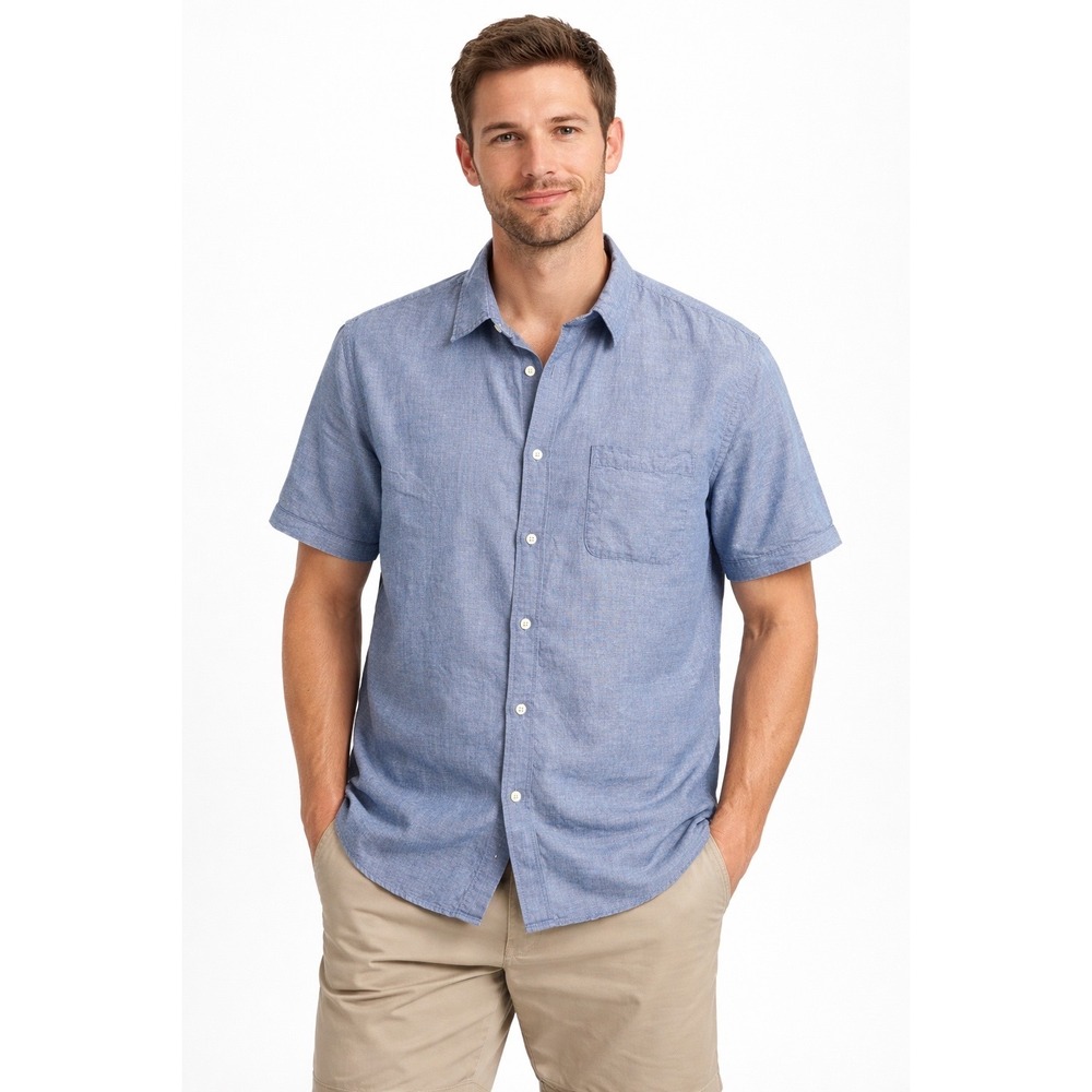 Uniqlo Mens XL Blue Linen Cotton Blend Short Sleeve Button Down Shirt 414574
